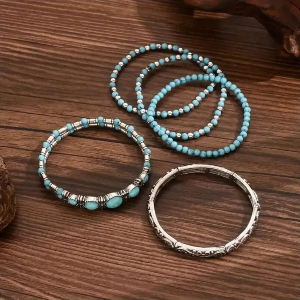 Turquoise Bead Bracelet Set — Natural Stone Layers with Vintage Charm